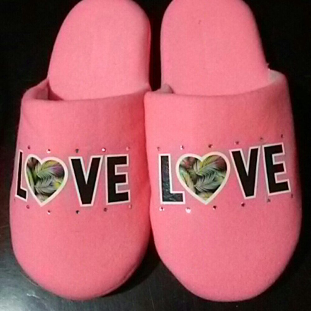 Bright pink "Love" slippers with rhinestones